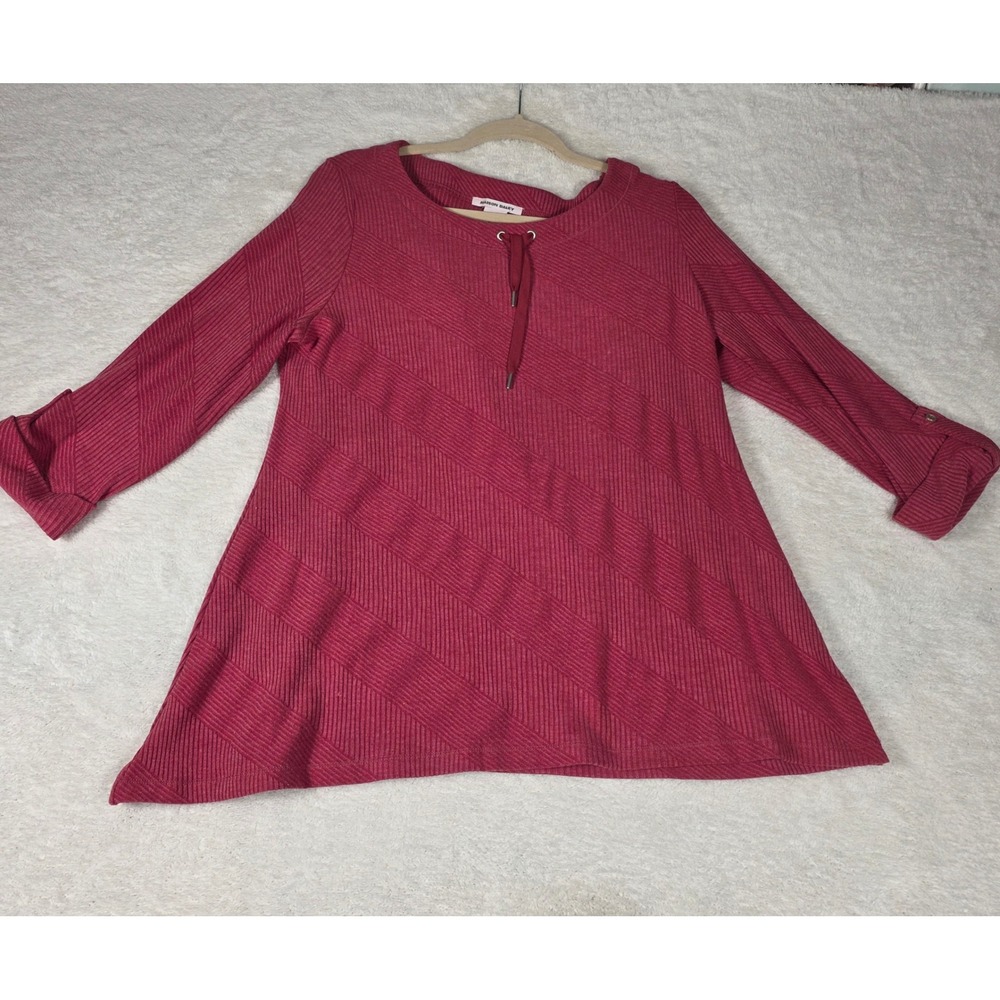 Allison Daley Tunic Women Large Berry Red Excellent Ribbed Chevron Lace-Up Top